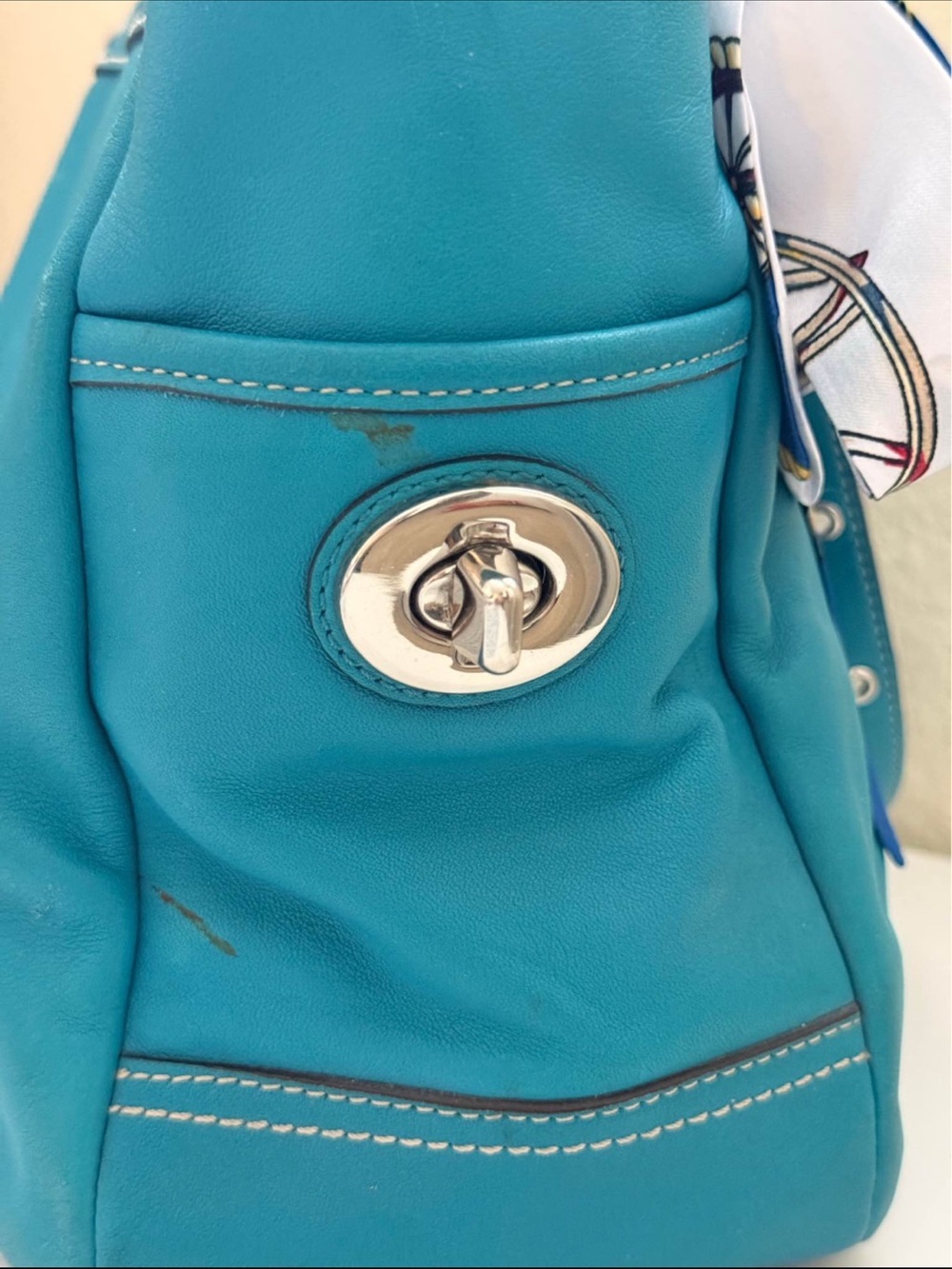 Authentic Coach Teal Turquoise Leather Pleated Gallery Tote – styled w/ a scarf - Picture 7 of 8